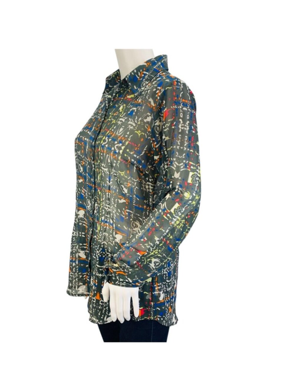 Cabi Womens Festival Button Blouse Multicolor Geometric Print Sheer #129 Size S - Picture 9 of 12
